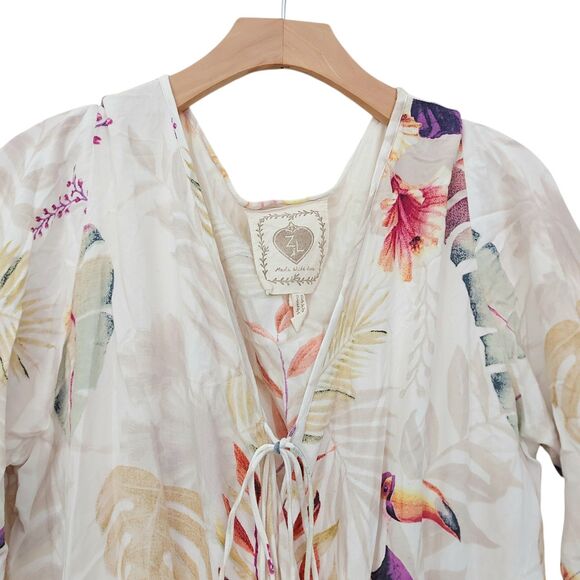 Z&L Europe Mini Dress Womens Medium Beige Floral Flared Sleeve Y2K Beachy Travel - Picture 2 of 12